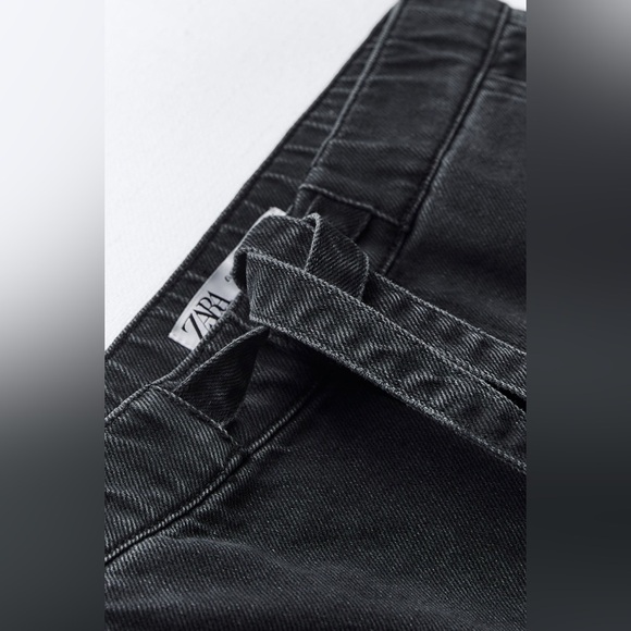 Zara Jeans Women's‎ Size Large Black Wash Denim Wide Leg High Rise Front Tie - Picture 14 of 16